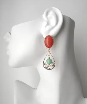 Orange Jade Brass Studs with Mint Green Jade Filigree Dangles