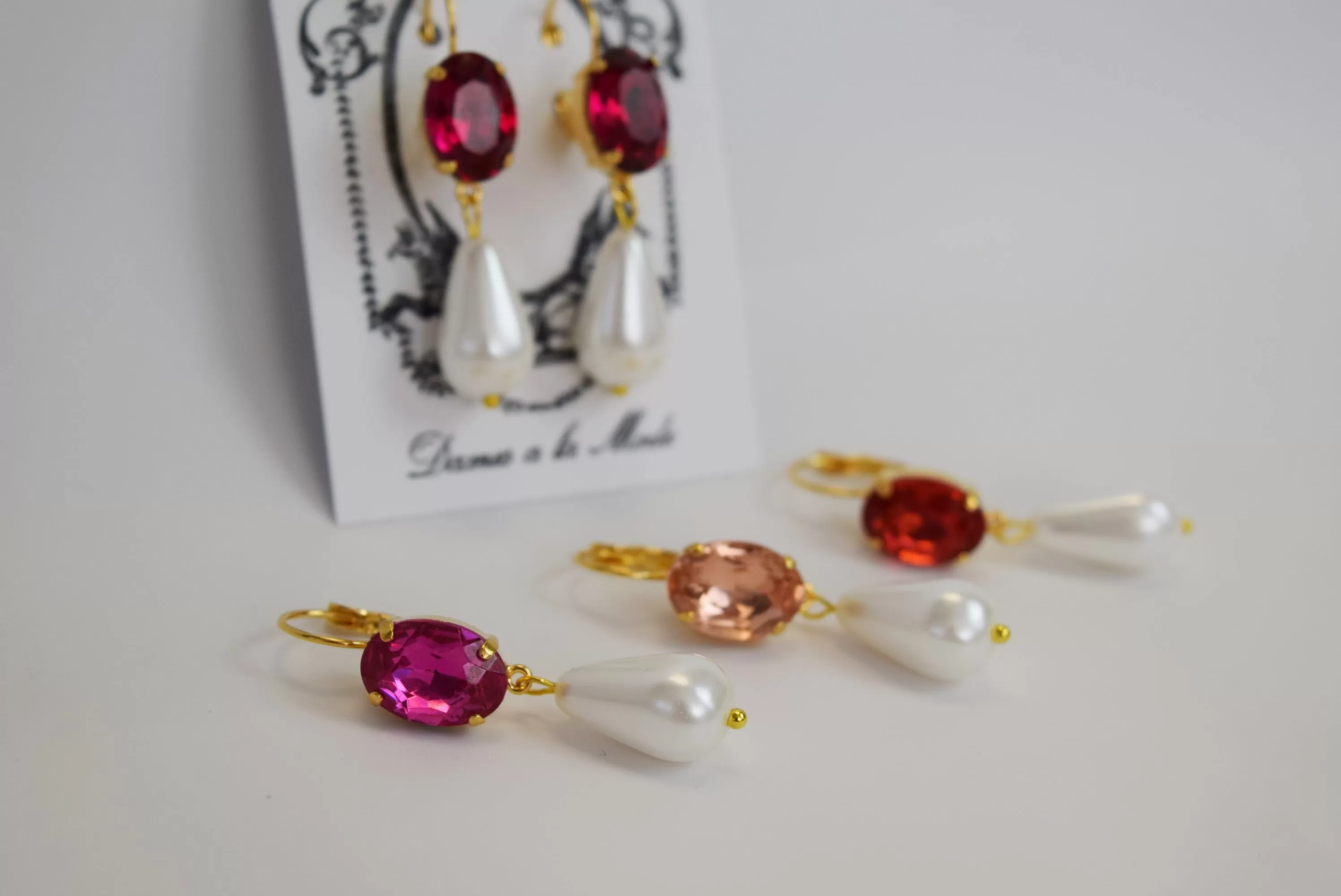 Pink Crystal and Pearl Earrings - Medium Oval Stone, Medium Pearl