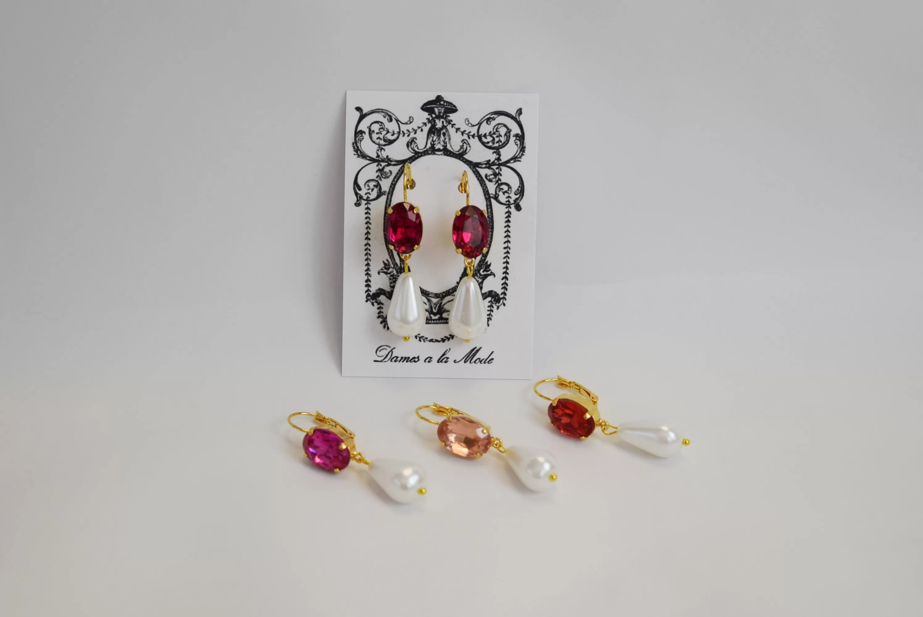 Pink Crystal and Pearl Earrings - Medium Oval Stone, Medium Pearl