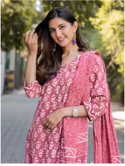 Pink Handblock Women Salwar Suit Dupatta