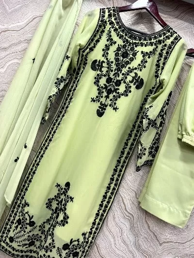 Pista Georgette Designer Embroidery Work Straight Suit Set