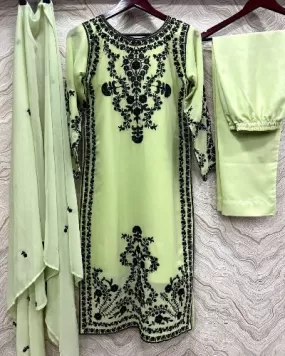 Pista Georgette Designer Embroidery Work Straight Suit Set