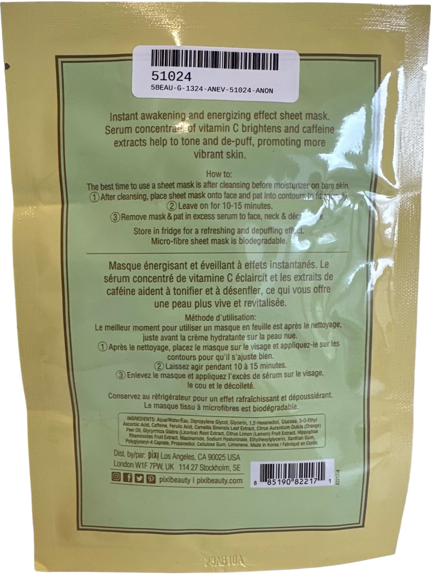 Pixi Green Energizing Infusion Sheet Mask With Vitamin C and Caffeine