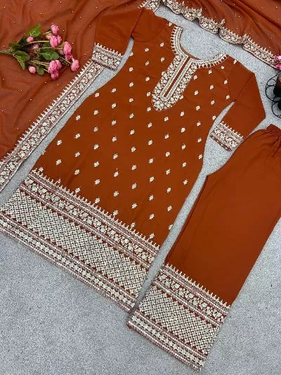 Rustic Brown Georgette Heavy Embroidered Straight Suit Set