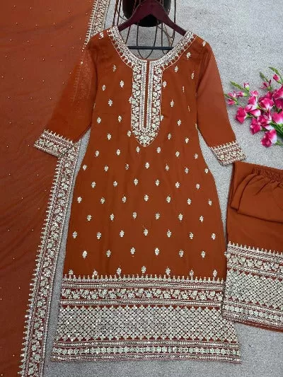 Rustic Brown Georgette Heavy Embroidered Straight Suit Set