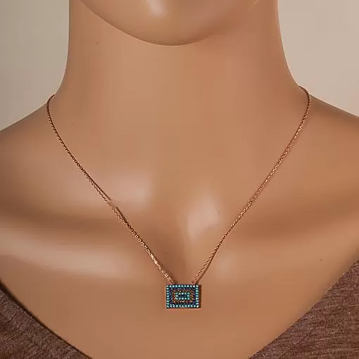 Short Rose Gold Plated Silver Necklace With Turquoise Cubic Zirconia Rectangular Eye