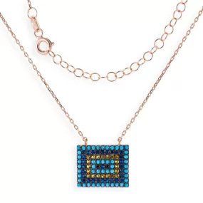 Short Rose Gold Plated Silver Necklace With Turquoise Cubic Zirconia Rectangular Eye