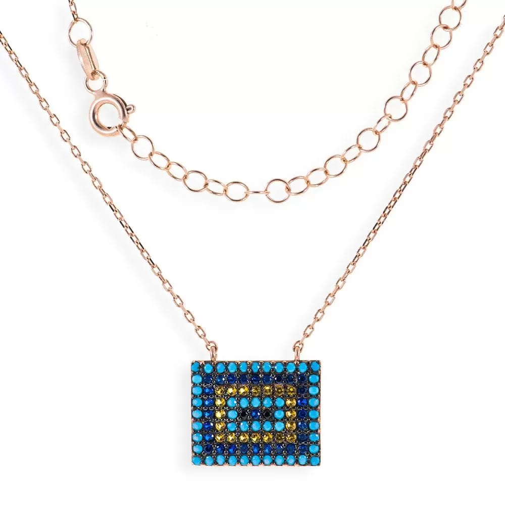 Short Rose Gold Plated Silver Necklace With Turquoise Cubic Zirconia Rectangular Eye