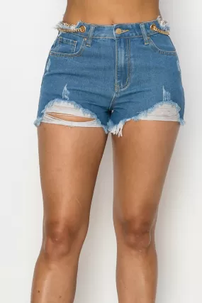 Side Chain Detailed Denim Shorts