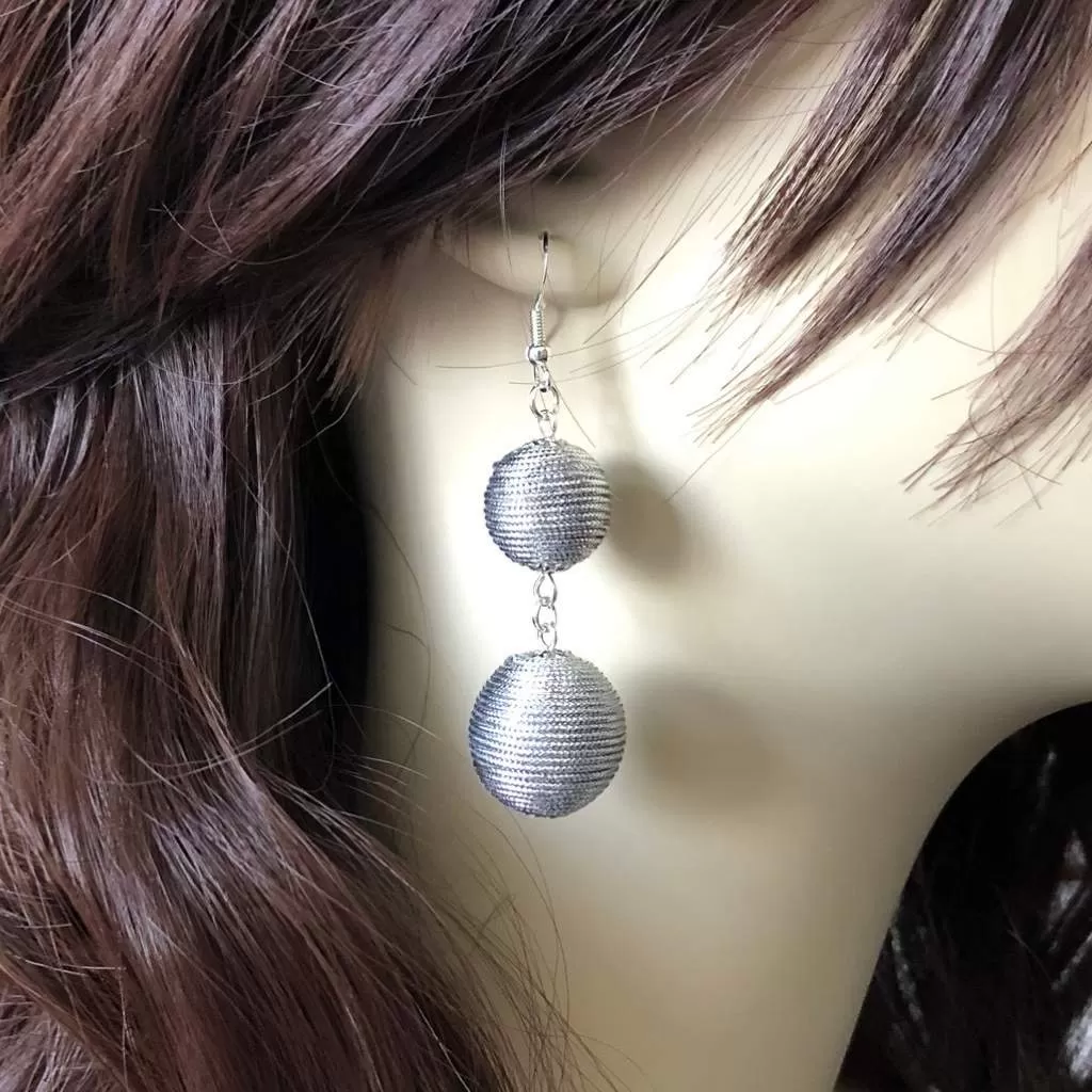 Silver Double Thread Ball Earrings