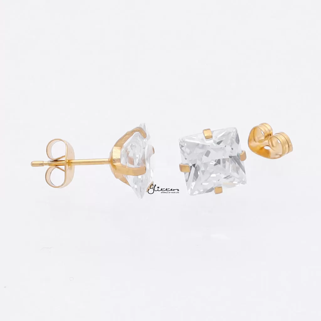 Square Cubic Zirconia Martini Stud Earrings - Gold