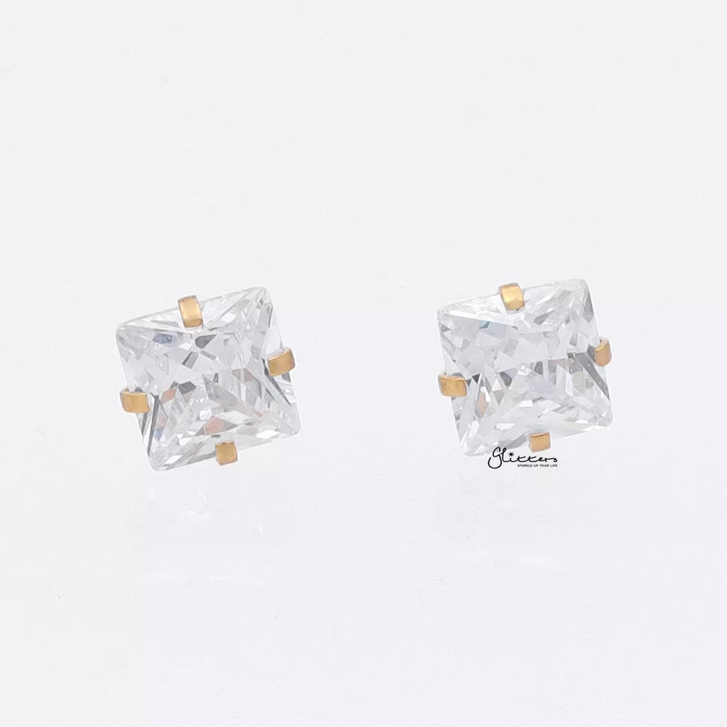 Square Cubic Zirconia Martini Stud Earrings - Gold