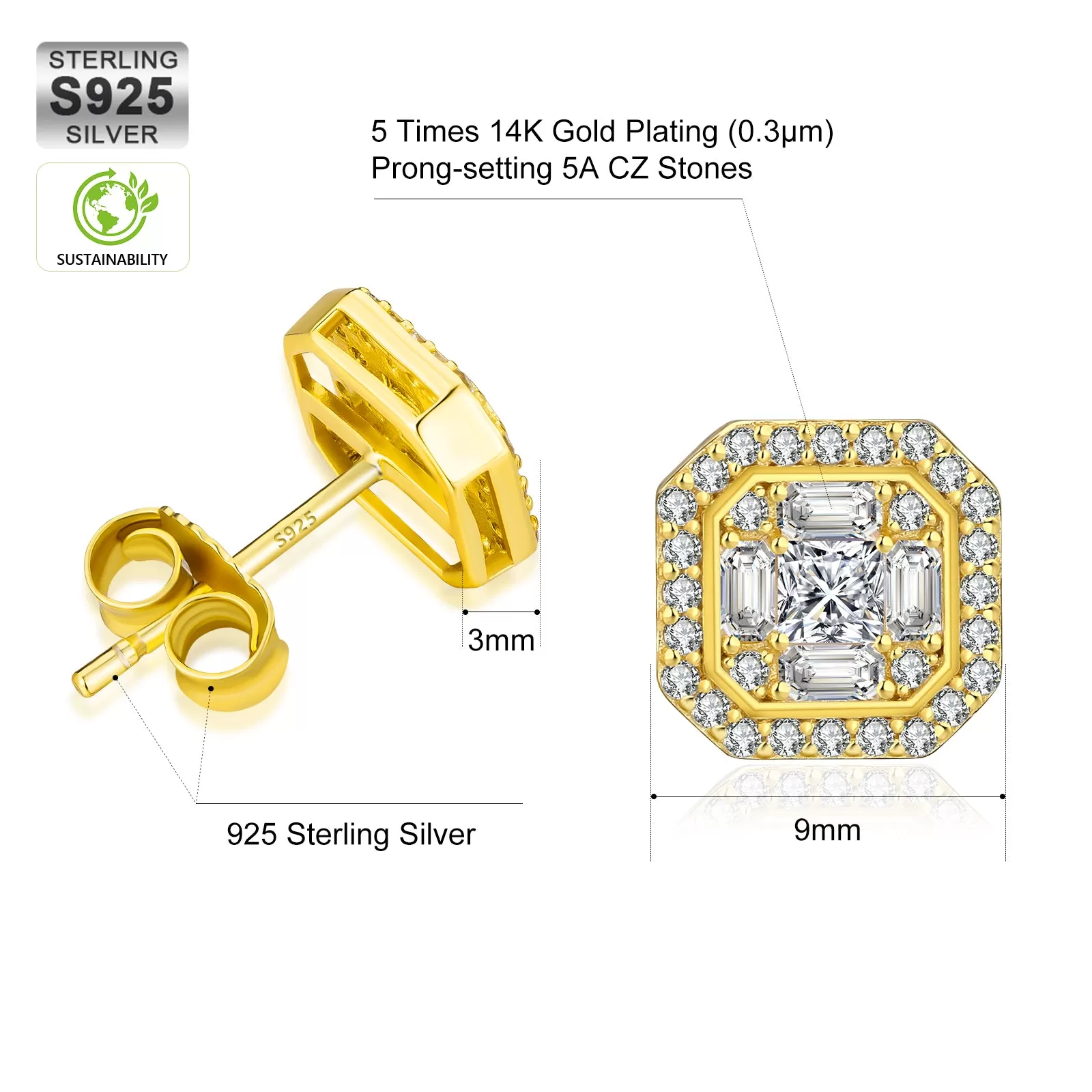 Square Full Iced CZ Stud Earrings for Men