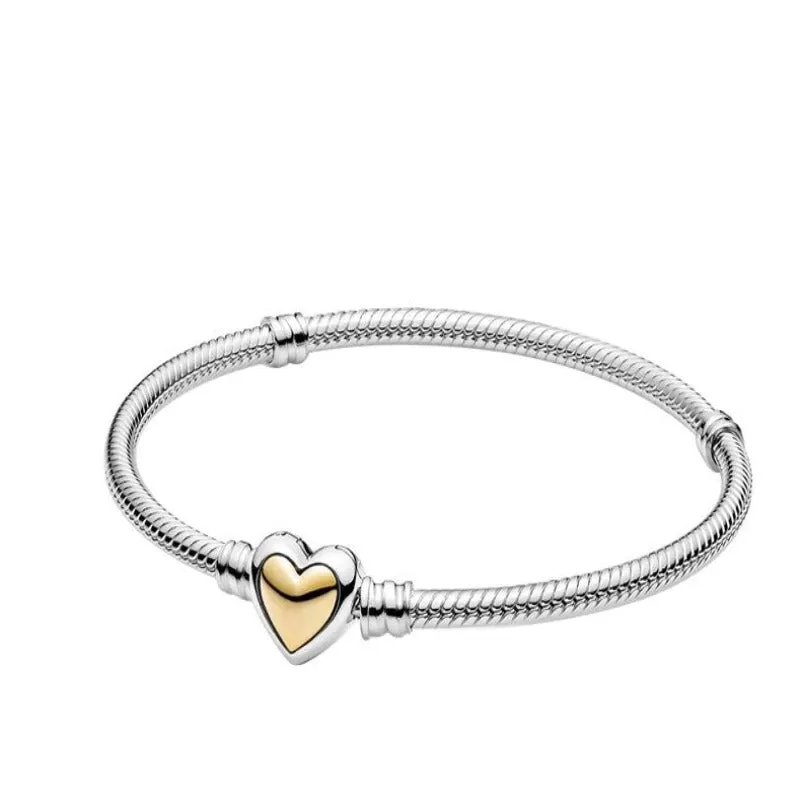 Sterling Silver Heart Round Clasp Chain Bracelets