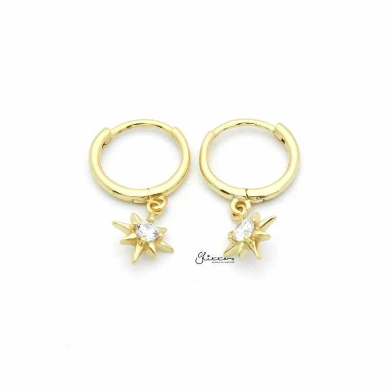 Sterling Silver Huggie Hoop Earrings with Dangle Star - Gold