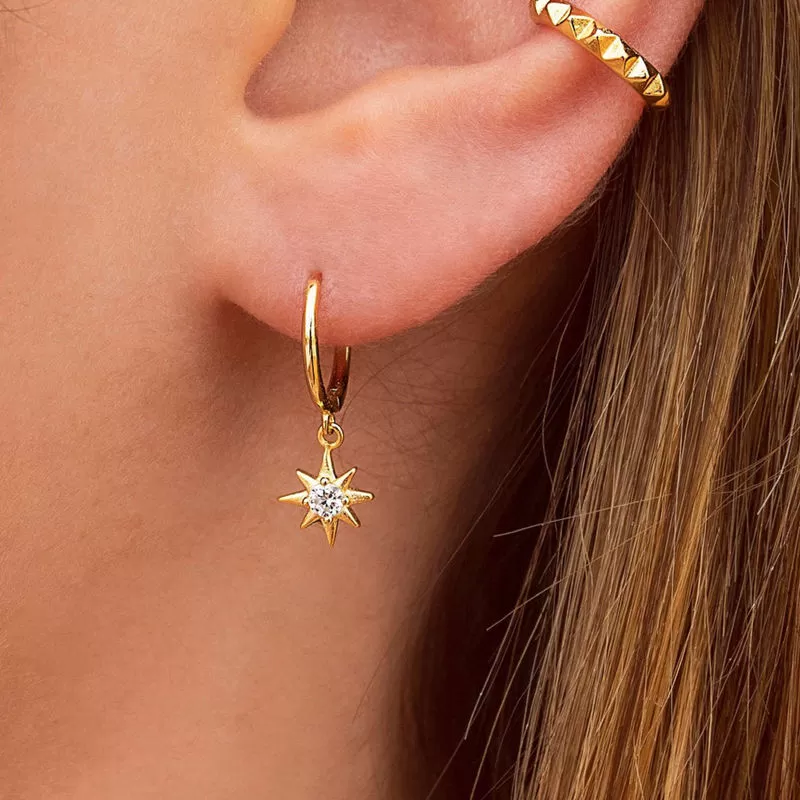 Sterling Silver Huggie Hoop Earrings with Dangle Star - Gold