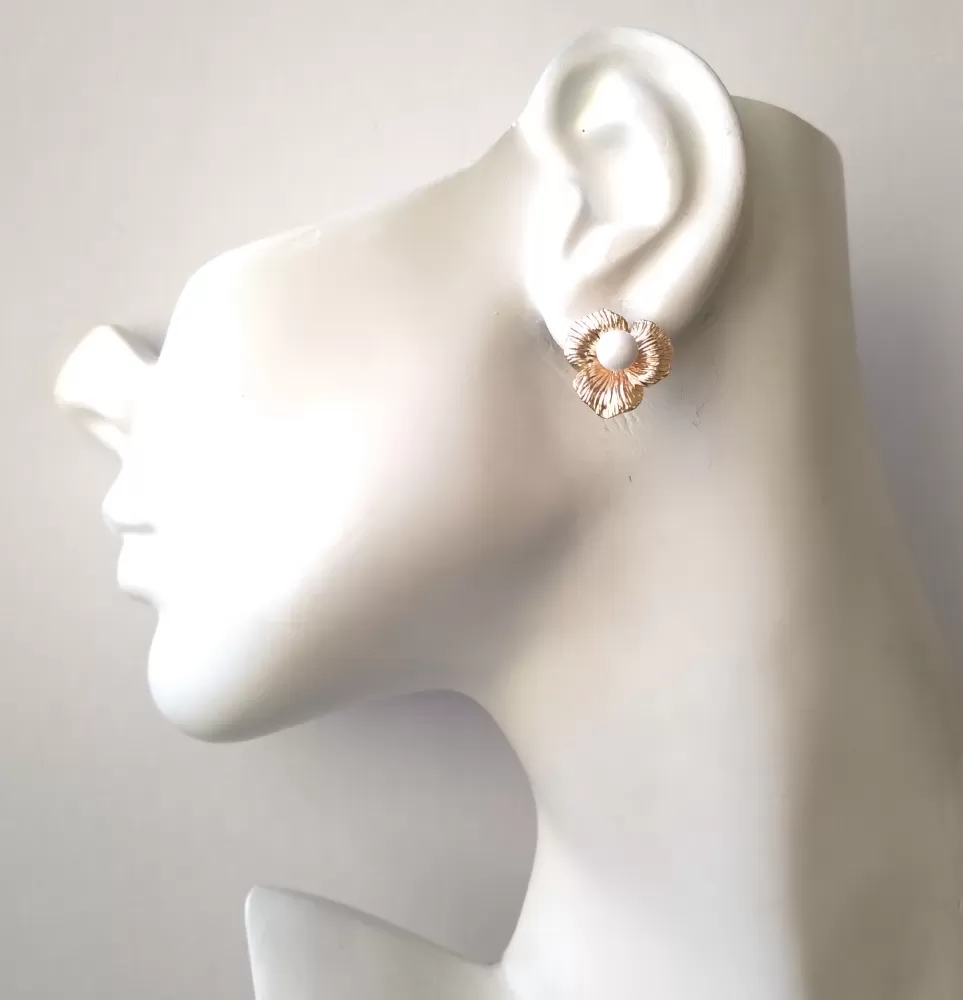 Textured Petal Studs with Howlite and Rose Quatz Drops