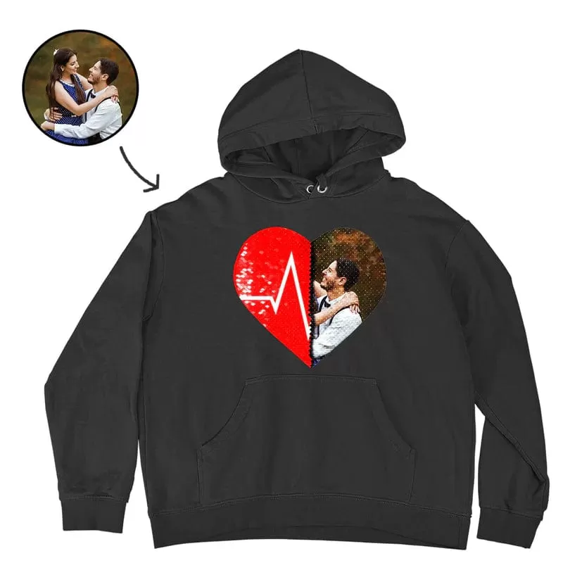 [Thickened Fabric] Custom Photo Heart Flip Sequin Pure Cotton Hoodie Best Unisex Hoodie For Men Women [Double Print]