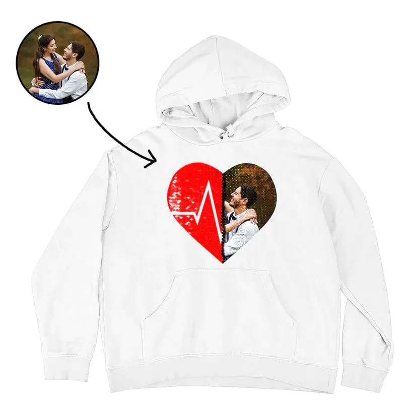 [Thickened Fabric] Custom Photo Heart Flip Sequin Pure Cotton Hoodie Best Unisex Hoodie For Men Women [Double Print]