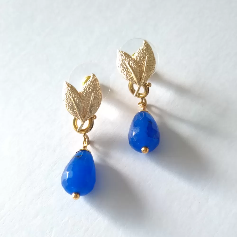 Twin Leaf Brass Studs with Gem Dangles