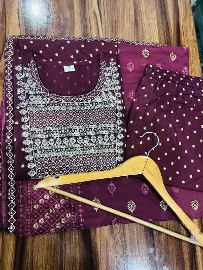 Wine Cotton Dobi Foil Print Salwar Suit Set