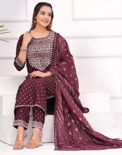 Wine Cotton Dobi Foil Print Salwar Suit Set