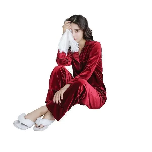 Winter Velvet Long Sleeved Shirt Pajama Set Homewear Pure Color Button Sleepwear For Women