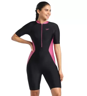 Women's Endurance Essential Panel Kneesuit Swimwear  - Black  &  Hotmauve